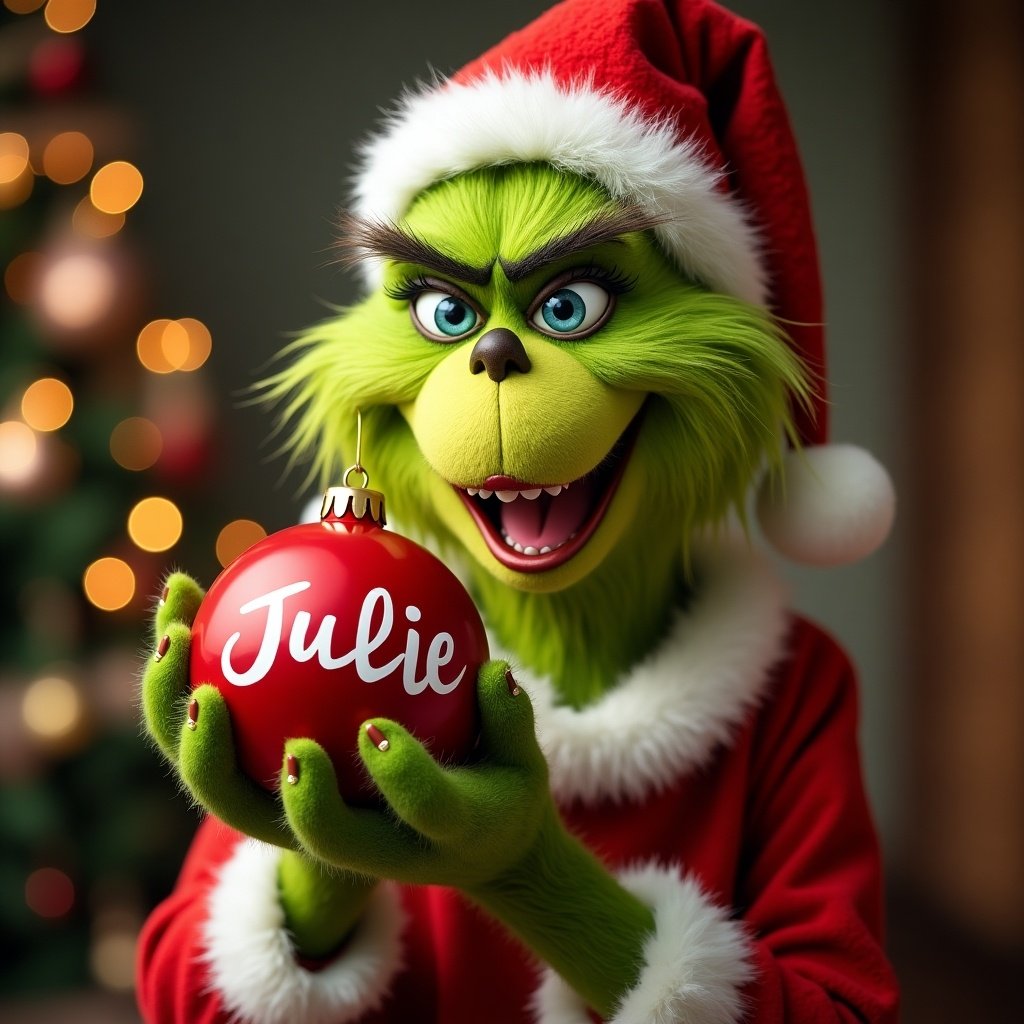 The Grinch smiles while holding a Christmas ornament that says Julie. The Grinch is dressed in a Santa outfit. The background features a Christmas tree with lights.