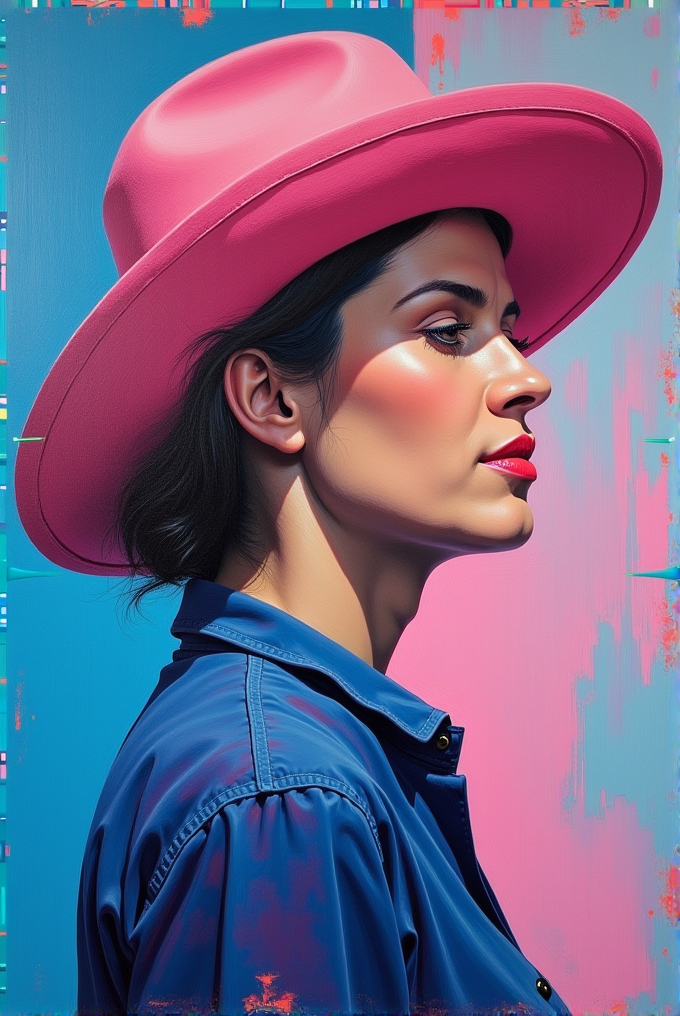 A digital portrait of a woman in profile, wearing a bright pink wide-brimmed hat against a vibrant blue and pink background.