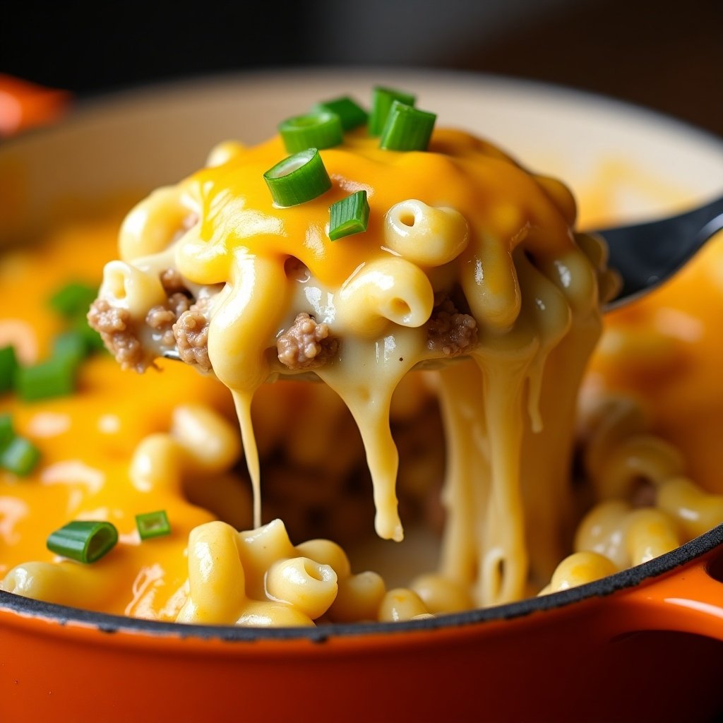 Close-up of a cheesy pasta dish being served from a large orange pot. Dish is a baked macaroni and cheese with ground meat and vegetables. Topped with melted cheddar cheese. Cheese appears gooey and stringy. Garnished with chopped green onions. Indicates hearty homemade food.