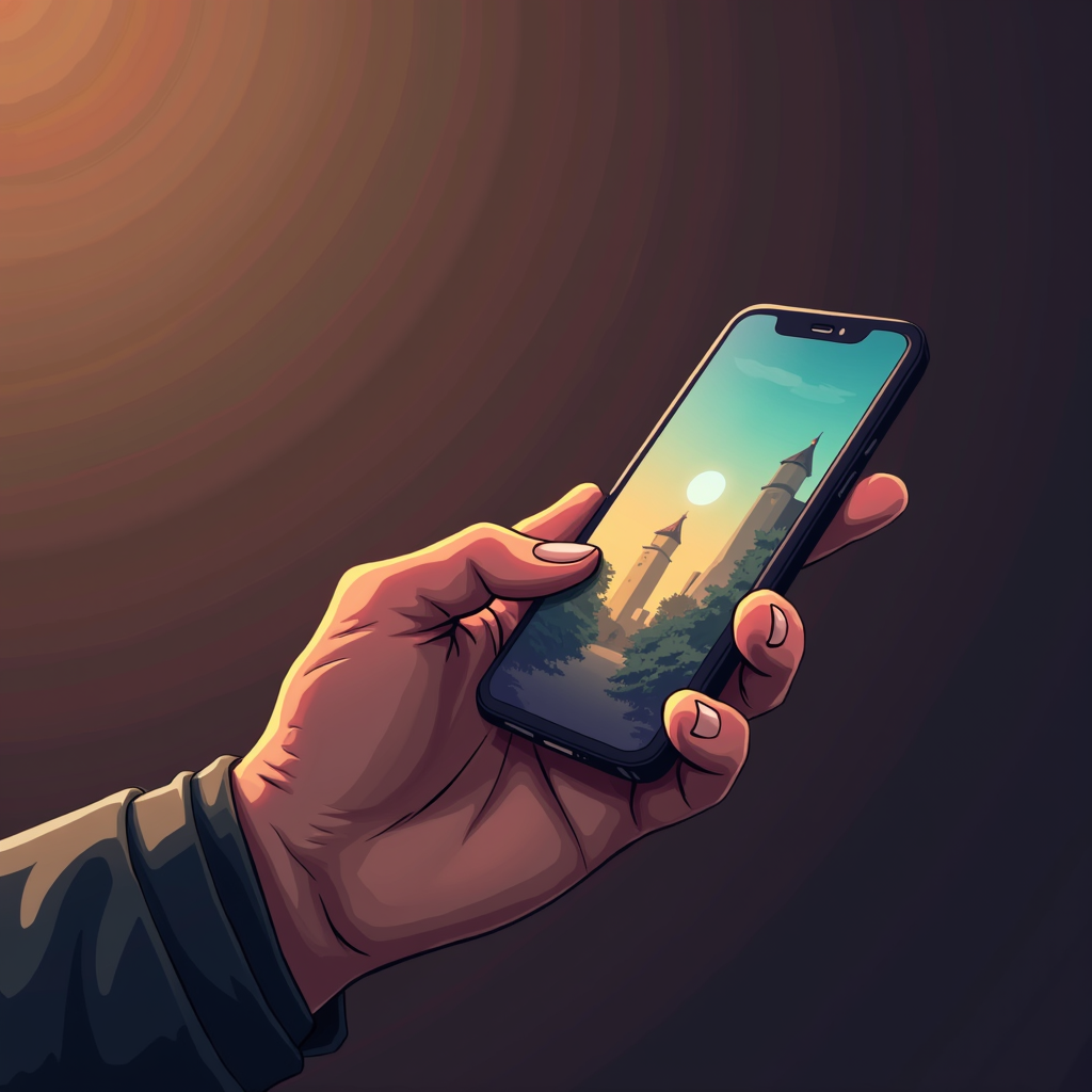 A hand holding a smartphone displaying a serene landscape with a sunlit castle scene against a dark background.