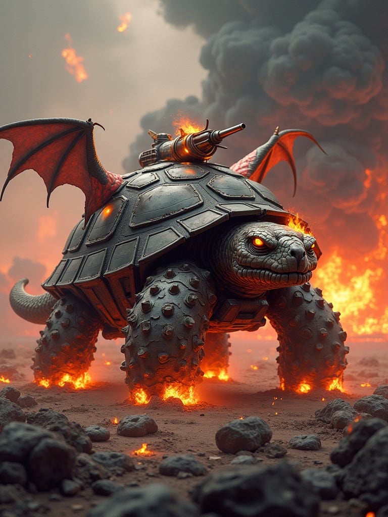 Hybrid creature combines tortoise tank and dragon features. Robust tortoise shell reinforced with metallic armor. Tank treads on the lower body. Dragon head emits fire with glowing eyes. Armored horns and dragon wings. Mounted tank cannon on the back. Tortoise tail features dragon spikes. Set in a fiery battlefield with wreckage.