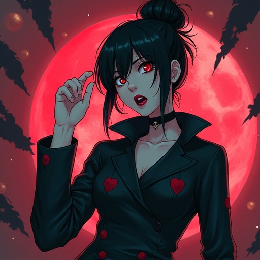 Anime girl in black clothing poses stylishly. Outfit has heart motifs. Background features a large red moon. Dark theme with a hint of wickedness.