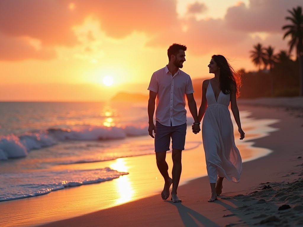 The image showcases a couple walking hand in hand on a serene beach during sunset. The sky is painted with warm hues of orange and pink, creating a romantic atmosphere. The couple appears happy and content, enjoying their time by the sea. The gentle waves lap at the shore, enhancing the peaceful setting. Their attire reflects a casual beach vibe, suitable for a relaxed evening stroll.