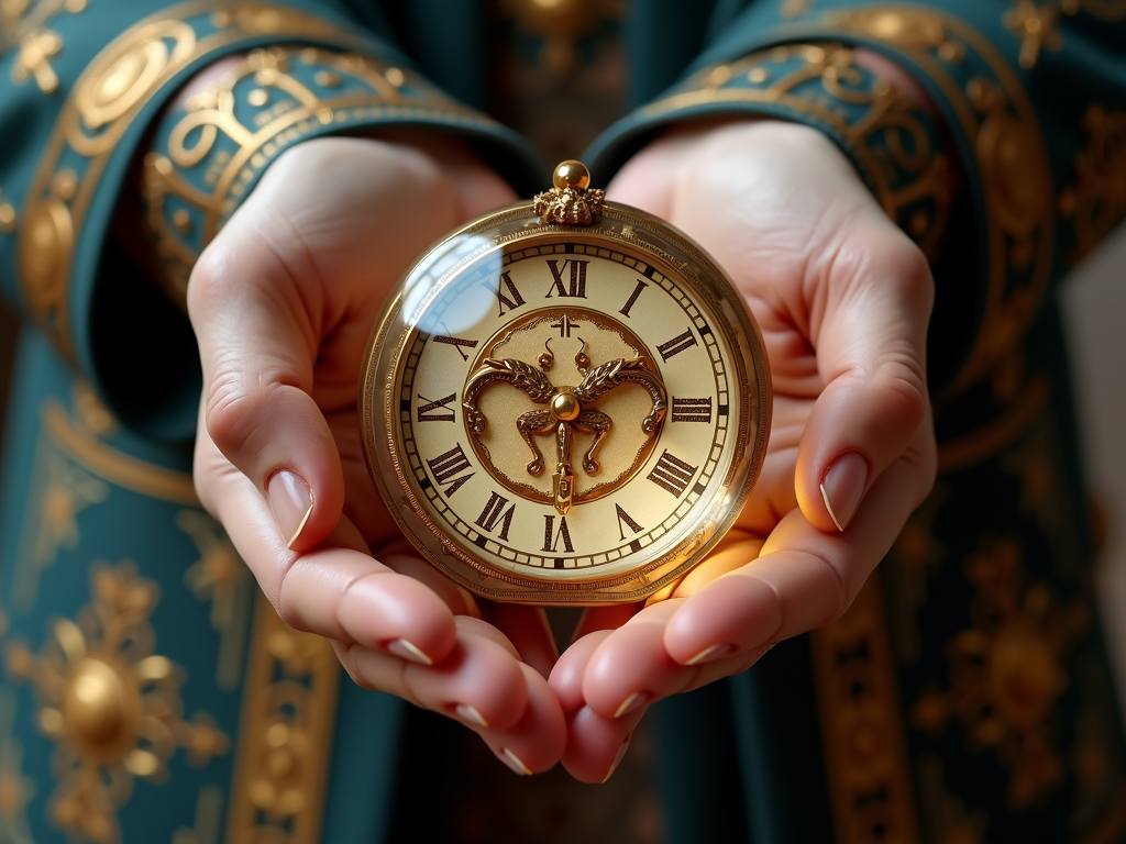 A person holds an ornate golden pocket watch with Roman numerals, set against a richly decorated green robe background.