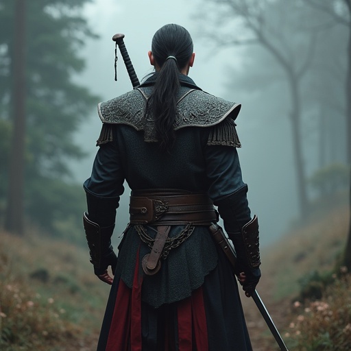 A man stands in a misty forest. He has two swords on his back. The man wears dark armor. His head is turned away. The background is blurred with trees. An air of mystery surrounds him.