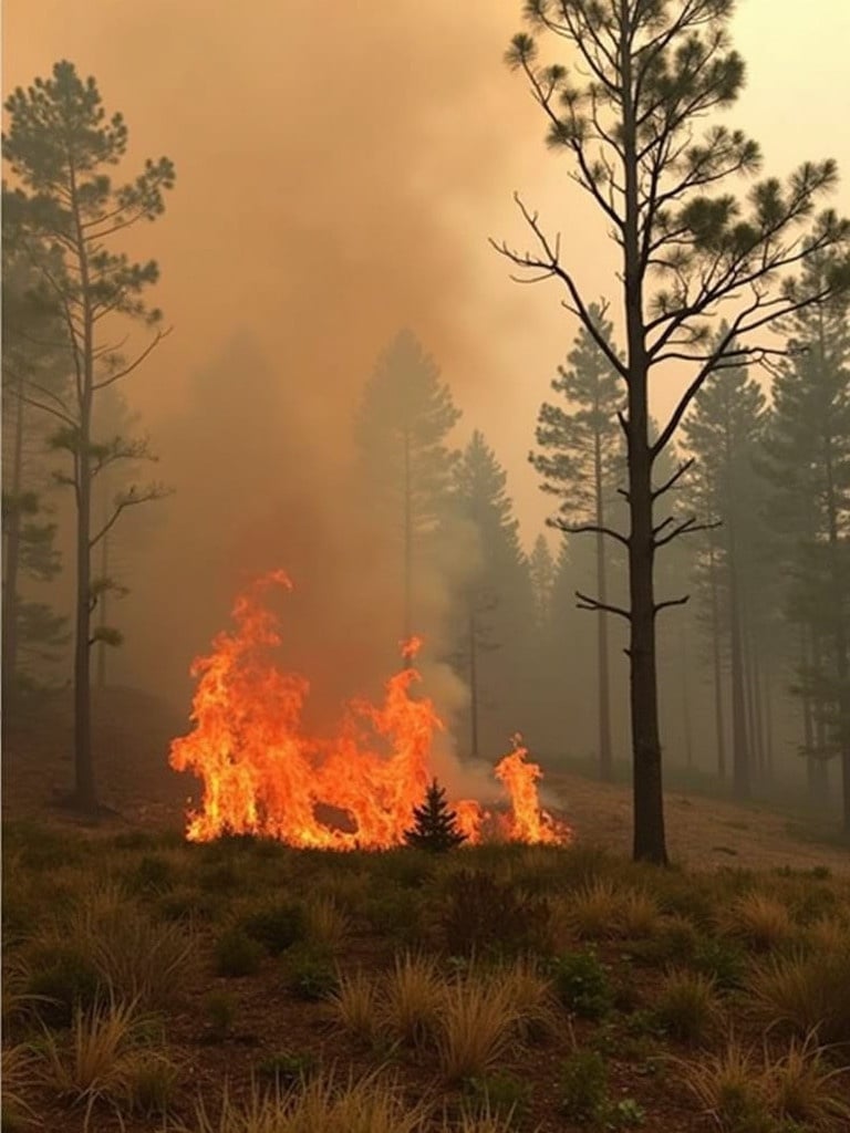 Forest area impacted by wildfire. Intense flames engulf trees and underbrush. Smoke fills the air obscuring visibility. A sense of urgency due to firefighting efforts.