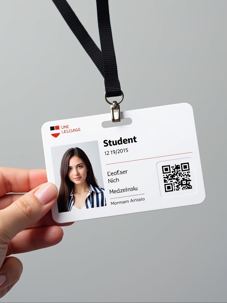 Image displays student ID card from German college. Card prominently white. Features word 'Student' and birth date of 12/19/2005. Includes QR code and personal details. Layout is professional and typical of college ID cards. Serious and academic tone in photo.