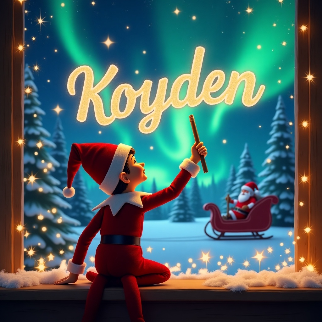 An elf on the shelf sits on a ledge, facing the sky. With a wand, he writes 'Koyden' in shimmering letters. The background features a magical Christmas scene with colorful northern lights. In the distance, Santa is seen in his sleigh, enhancing the festive atmosphere. The elf is dressed in a classic red outfit and pointed hat, embodying the spirit of the holiday season. Twinkling stars add to the enchantment of the image.