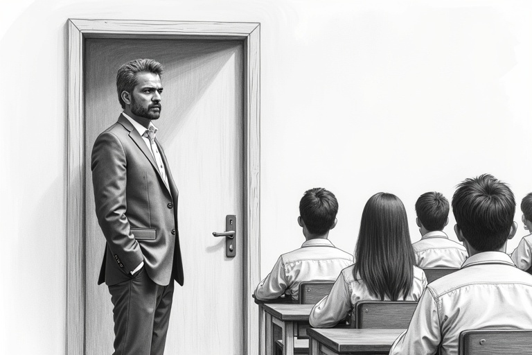 Highly detailed pencil sketch of a man with salt-and-pepper hair and stern gaze. He stands at the classroom doorway. Students are in view but blurred. His posture is upright. The image is in monochrome with high contrast. The style is hyper-realistic. The lighting creates depth with shadows.