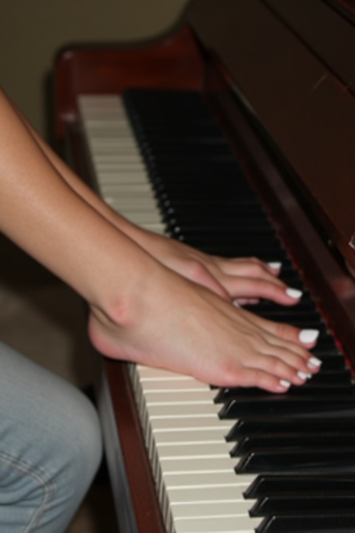 Image shows young woman's feet with white toenail polish over piano keys. No hands visible. Side view of feet facing piano.