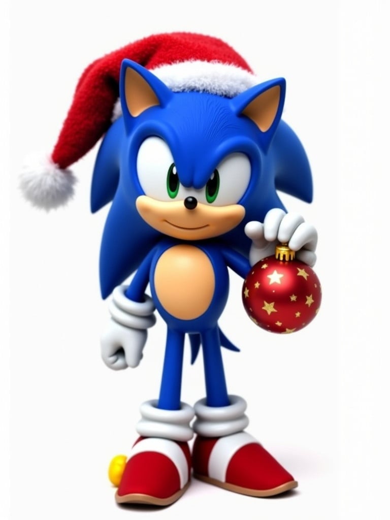 Sonic the Hedgehog dressed in Christmas attire. Sonic wears a festive red hat. He smiles while holding a Christmas bauble. The background is plain white to emphasize the character. The bauble is red with white details.