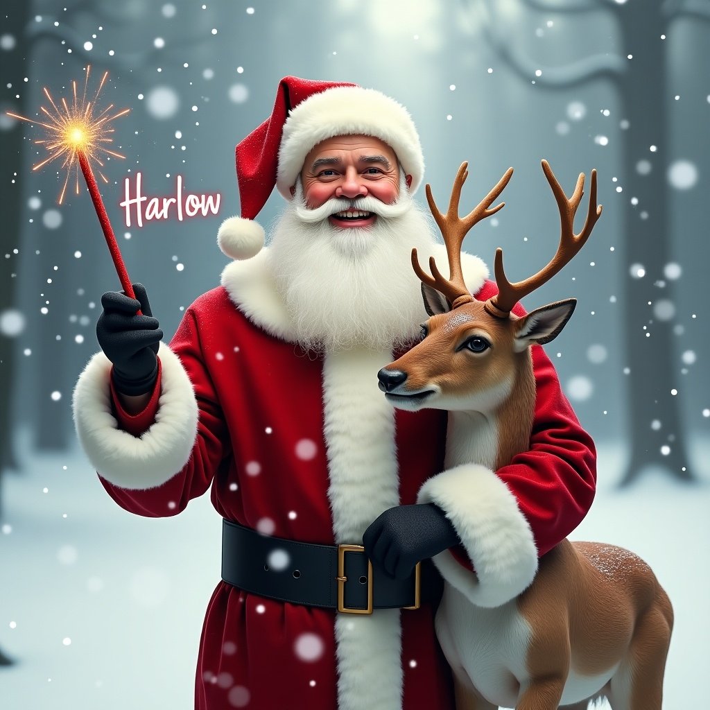 Realistic depiction of Santa Claus holding a wand writing the name Harlow with a reindeer in a snowy landscape. Santa wears a classic red suit with white fur trim. The reindeer stands beside him showcasing its antlers. Soft snowfall adds to the wintery atmosphere.