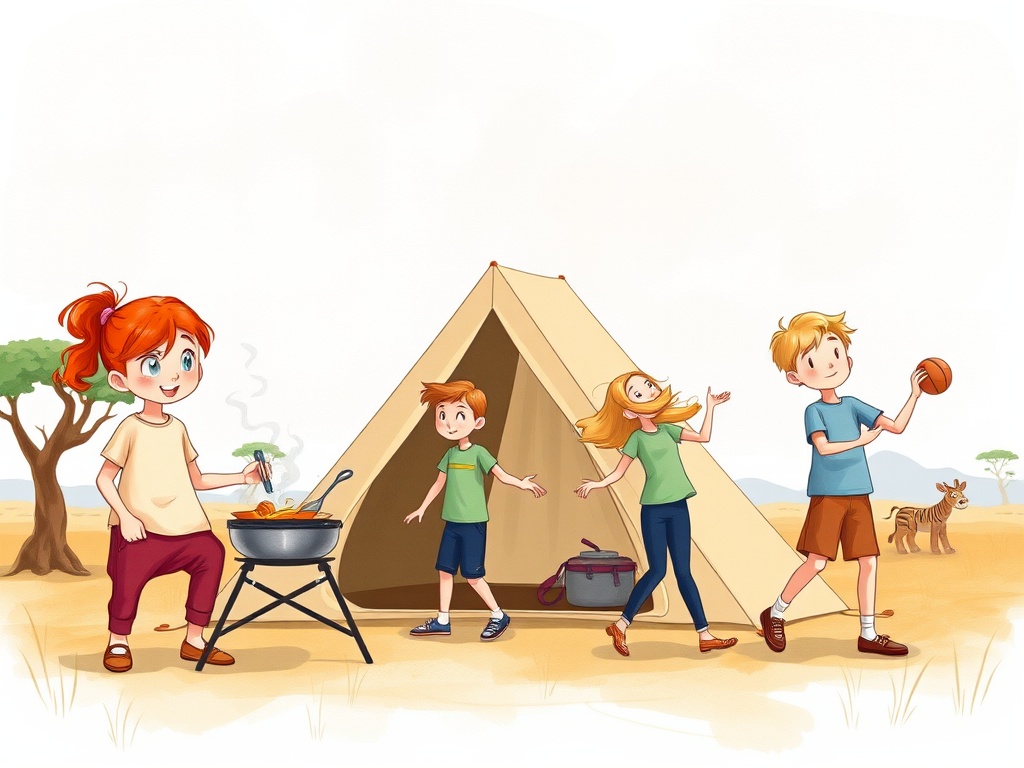 This vibrant illustration depicts children enjoying a day out camping. A girl merrily cooks over a grill in front of a canvas tent while others engage in a playful scene with a basketball. The scene is set in a warm, outdoor environment with a clear sky and distant wildlife, emphasizing a sense of fun and freedom.