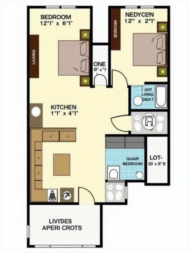 Detailed layout of a 2BHK apartment. Includes two bedrooms. One bedroom has an attached bathroom. One common bathroom is available. Kitchen and living area are part of the design. The overall size of the apartment is 59 square meters. Compact and functional design for efficient living.