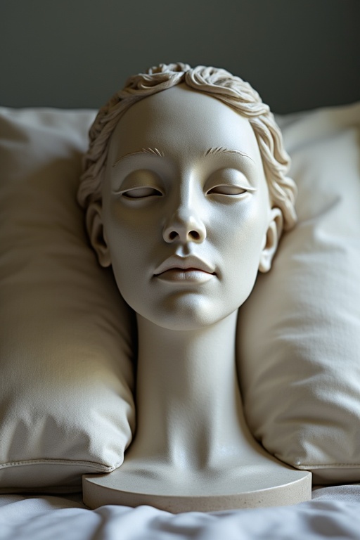 Sculpted head placed on two soft pillows. Neutral and calming color scheme. Minimalistic and modern composition. Clever use of lighting to enhance textures.