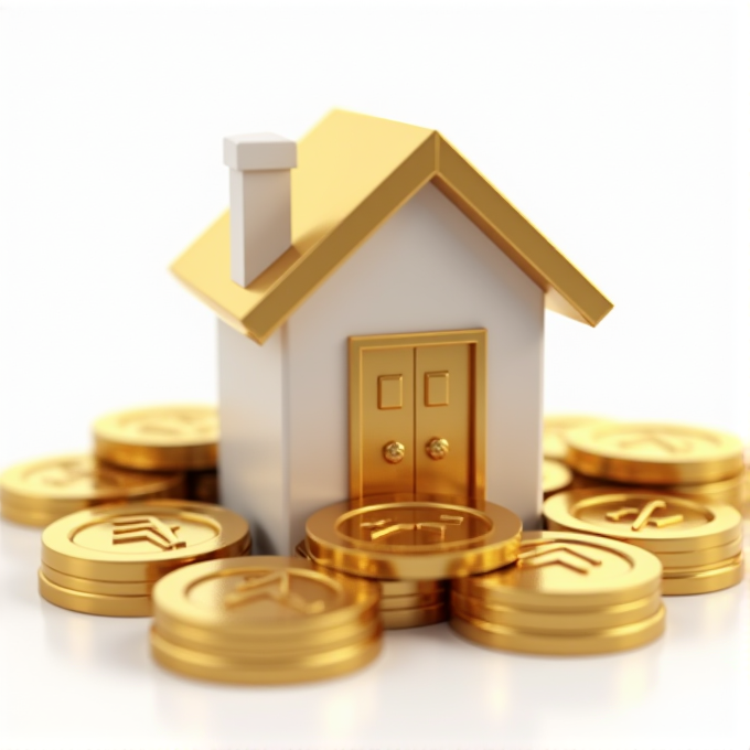 A miniature house with a golden roof surrounded by stacks of gold coins signifies wealth and investment in property.