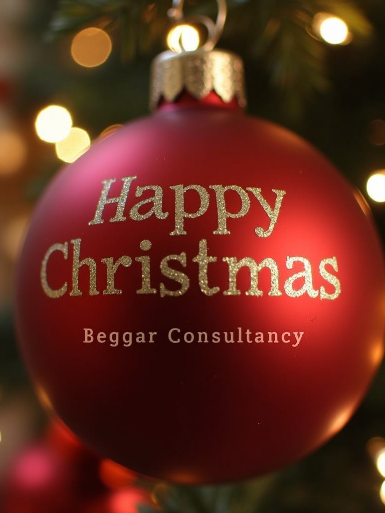 Close-up of a red Christmas bauble. Text on the ornament says 'Happy Christmas' along with 'Beggar Consultancy'. Twinkling lights create a festive atmosphere. Ideal for holiday cards and decorations.