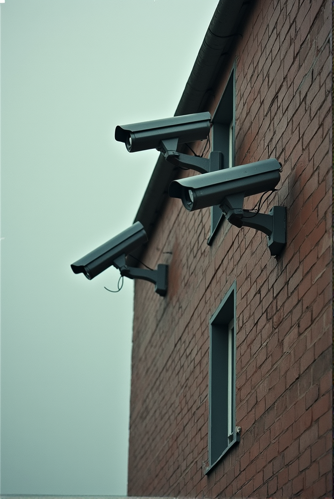 Three surveillance cameras are mounted on the brick wall of a building under an overcast sky.