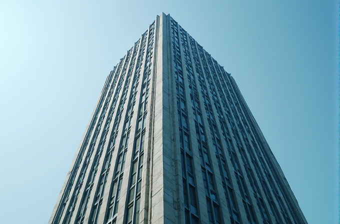 A towering skyscraper rises against a clear blue sky, featuring symmetrical lines and numerous windows.