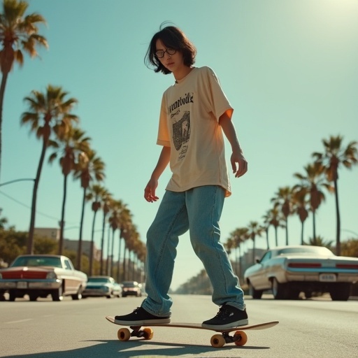 White Caucasian male wearing graphic tee and baggy jeans rides skateboard in Orlando. Palm trees line street with vintage cars passing by. Cinematic atmosphere captures urban skateboarding culture.