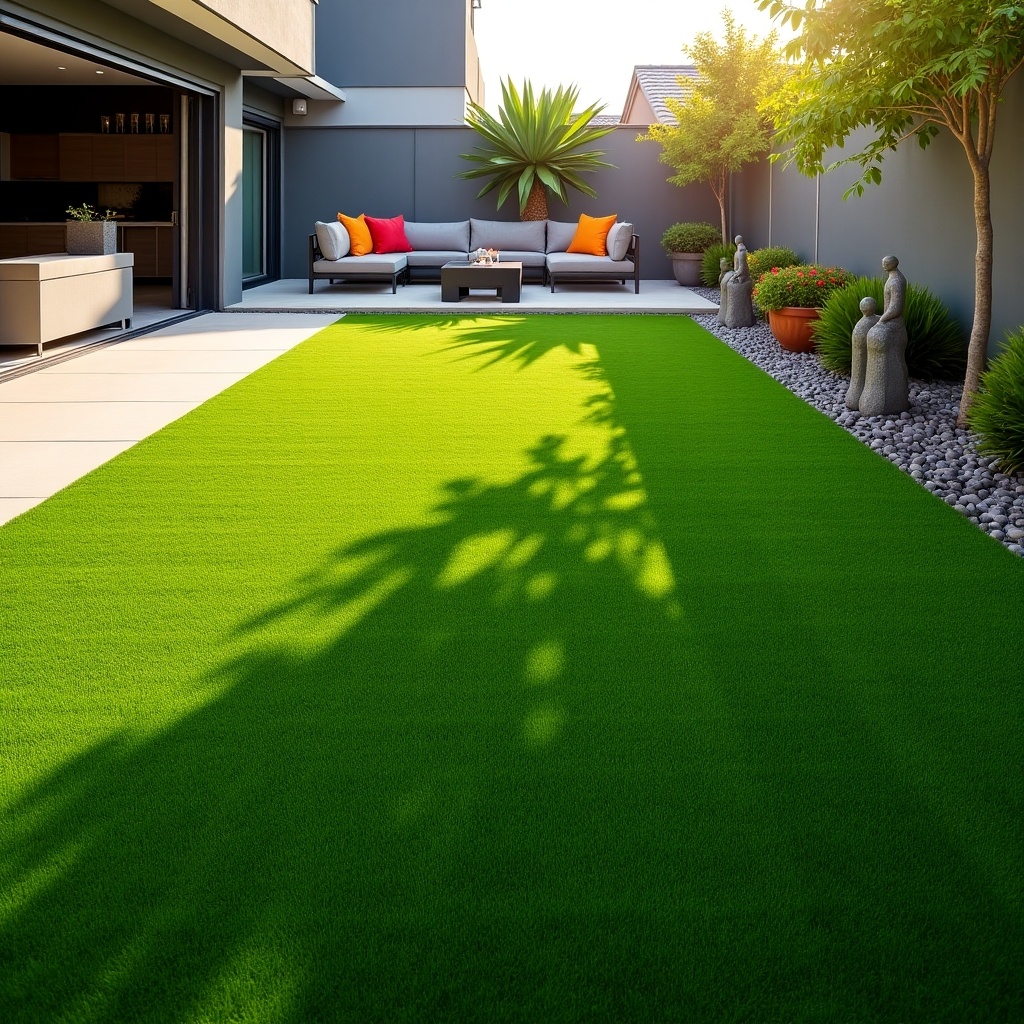 Outdoor patio featuring artificial grass. Modern design with seating area. Green grass in the foreground. Shadows from trees and furniture.