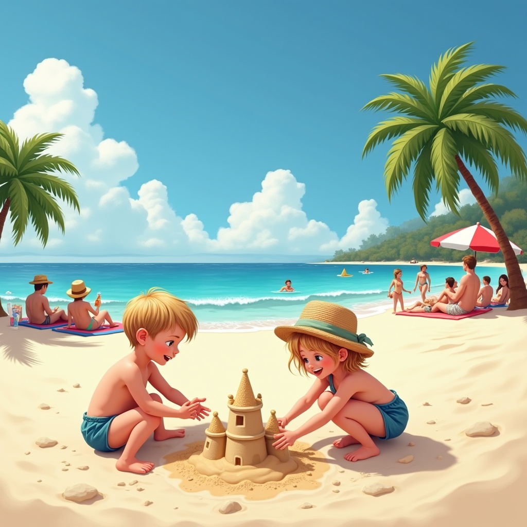 A sunny beach scene capturing two young children, a small boy and girl, joyfully playing together as they build a sandcastle. Surrounding them are golden sands and vibrant palm trees, enhancing the tropical feel. In the background, families can be seen relaxing, sunbathing, and enjoying food and drinks. The bright blue ocean glistens under the sun, creating a picturesque summer day. Various beachgoers are scattered around, contributing to a festive and lively atmosphere.