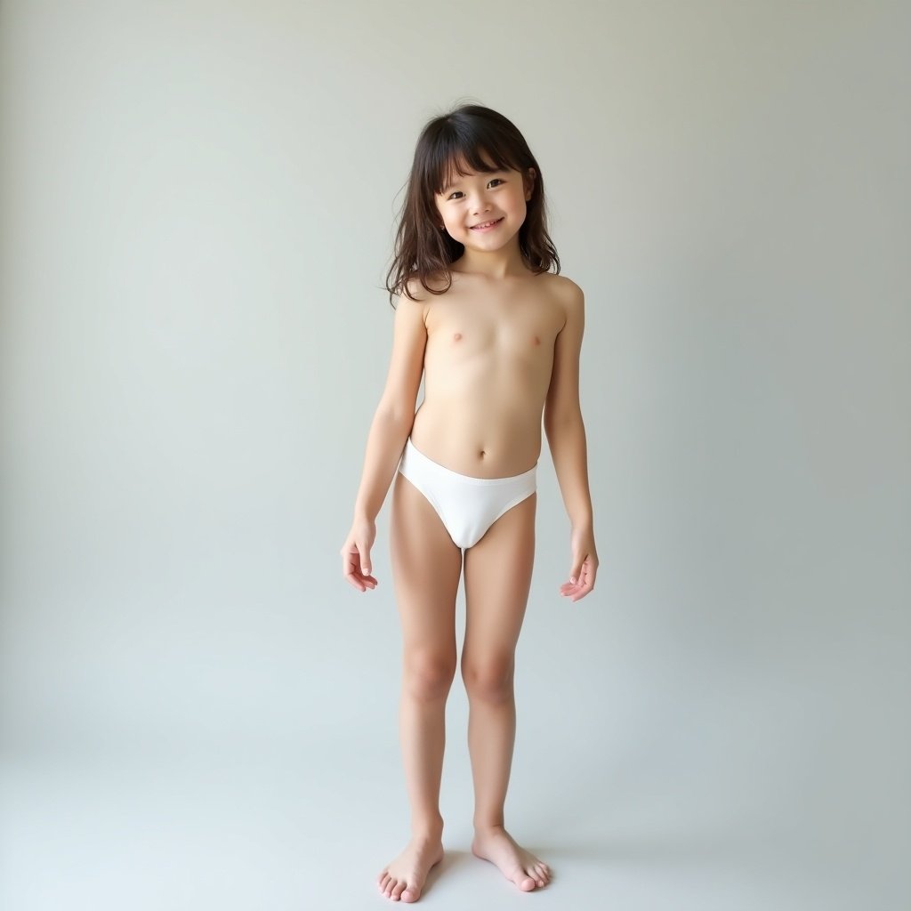 Image features a girl standing barefoot and upright against a light gray background. She is wearing white underwear. Soft even lighting creates a calm atmosphere. The girl's pose is confident and relaxed, showcasing a sense of playfulness. Minimalistic style brings focus to the subject.