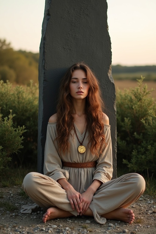 A young woman sits cross-legged in meditation against a dark granite menhir. She wears a natural-colored robe and a leather belt. Her long brown curls frame her face and she has a golden medallion around her neck. The menhir towers above her in an evening light setting.