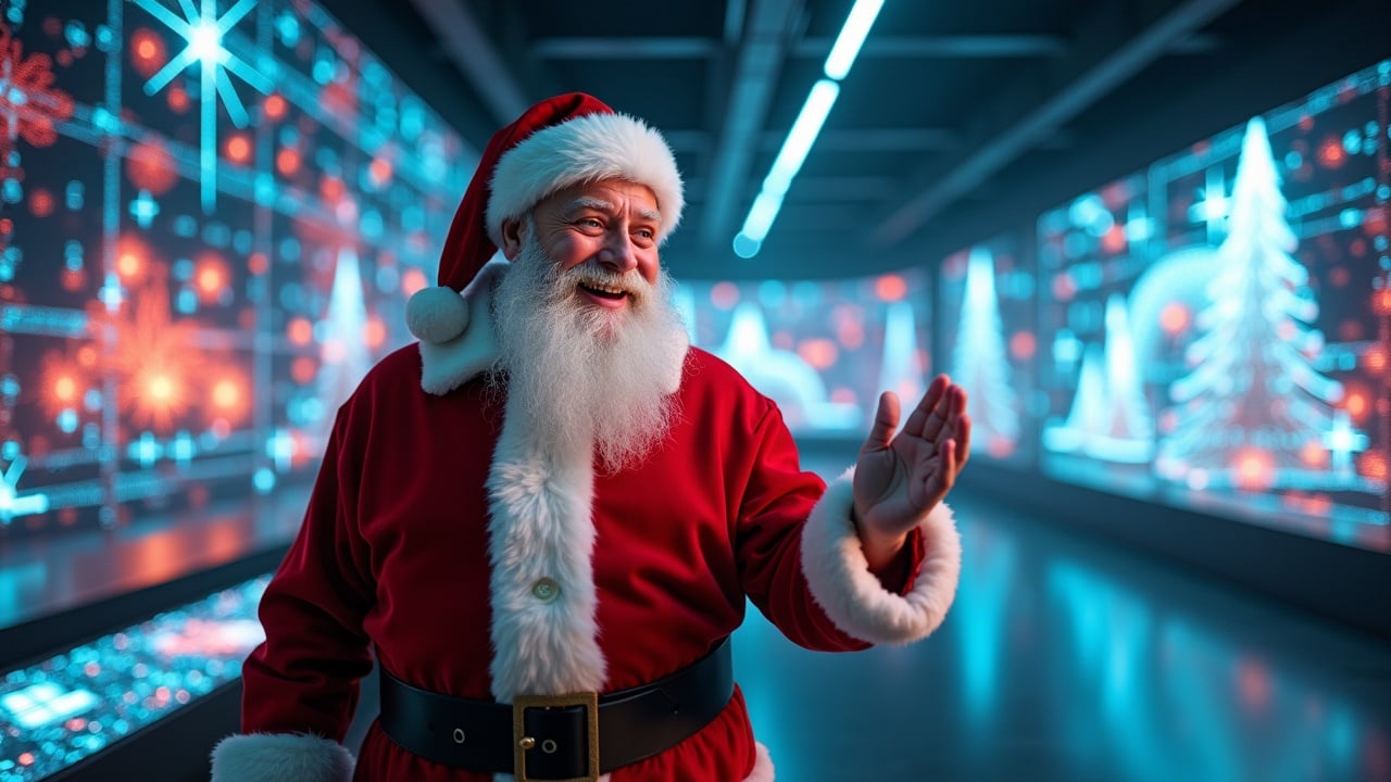 Cinematic image of Santa Claus in a futuristic room with holographic designs. Wide shot displays Santa surrounded by glowing BIM models and AI visualizations. Messages of holiday greetings appear in text overlay. Hiperrealistic style.