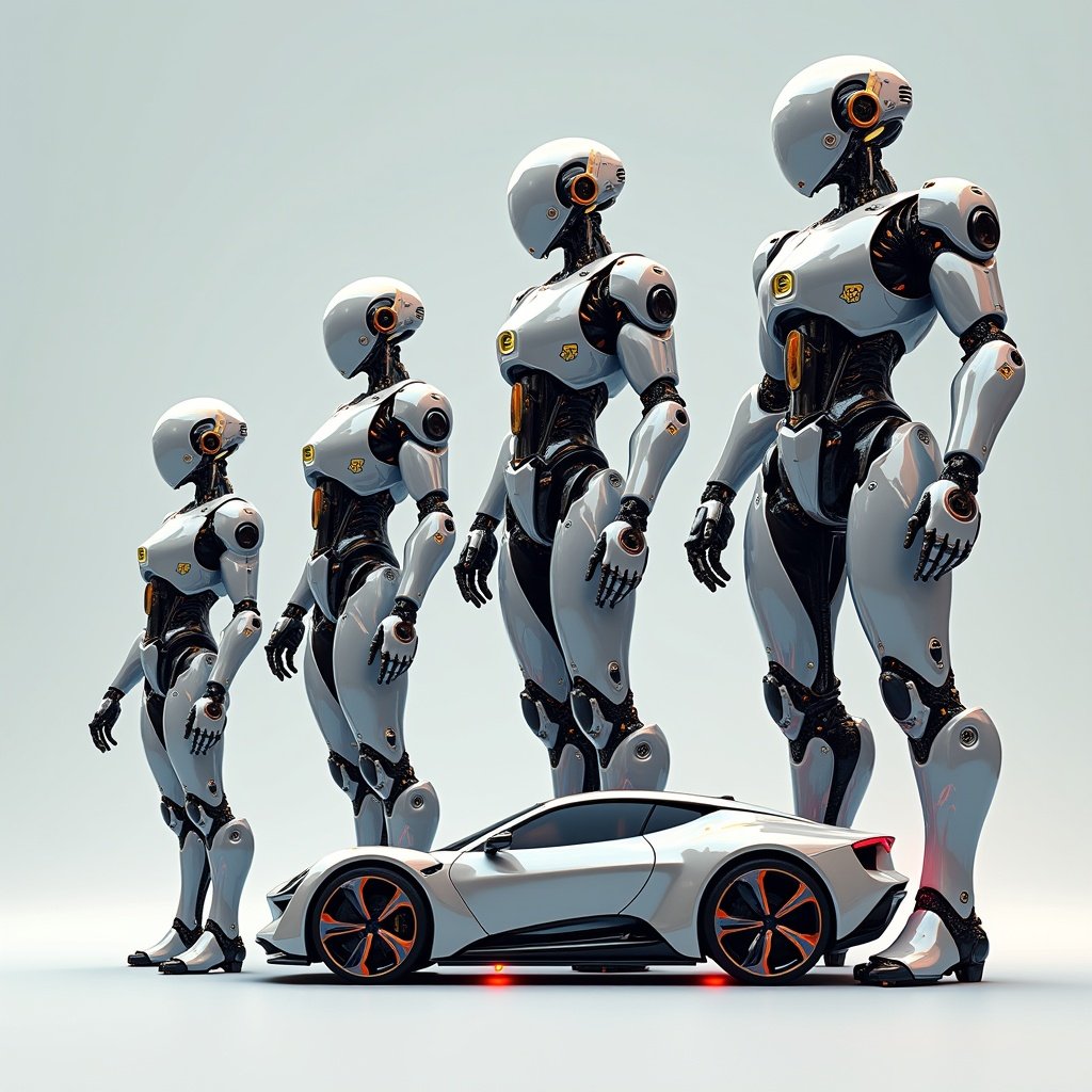 A group of four humanoid robots stands next to a sleek sports car. Robots are metallic with smooth surfaces, and the car is futuristic with bold design elements. Robots vary in height, all designed with a modern aesthetic.