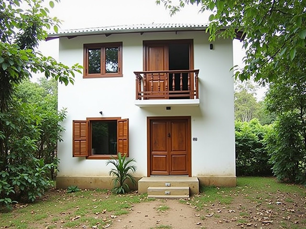 This image features a two-story house with a simple modern design. The house is painted in white, with wooden doors and windows providing contrast. There is a small balcony on the second floor, and the front of the house is surrounded by greenery, adding to its charm. The yard has some scattered leaves and a patch of grass, giving it a natural, unmanicured look. The surrounding area appears to be rural, with a dirt path leading up to the house.