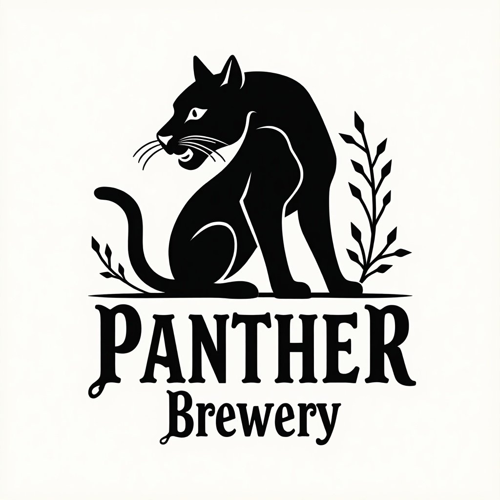 Vector logo features silhouette of a black panther. Simple shapes and lines create a minimal black and white design. Old English traditional style mixed with modern sans serif typeface. Text reads 'Panther Brewery'. Suitable for a craft beer bottle label for a trendy, young brewery.