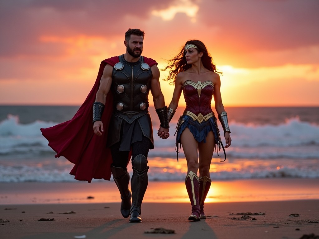 The image depicts two superheroes, Wonder Woman and Thor, walking hand in hand on a beach during sunset. The scene is set against a dramatic sky that transitions between orange and purple hues. Wonder Woman is in her iconic armor with a patriotic theme and golden accessories, while Thor is dressed in his traditional battle outfit with a red cape. The beach is slightly wet, reflecting the colors of the sunset and waves crashing gently in the background. The mood is adventurous and romantic, capturing a moment of connection between two powerful figures.