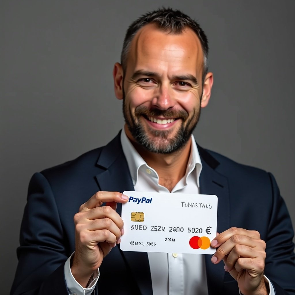 A man holding a PayPal transaction card in a suit. The card shows a transaction of 4600€. The background is neutral with soft lighting emphasizing the subject's smile and confidence. He has a well-groomed beard