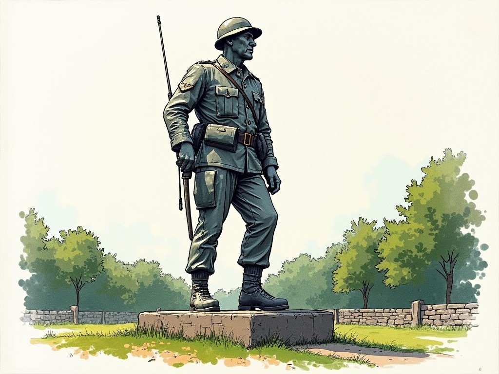 Create a simple illustration of a soldier statue monument in a style that reflects rough shadows and hatching techniques. Use high contrast and colored pen drawing elements to highlight details. Introduce hard gradients to emphasize the stature and form of the statue. The monument should be set against a backdrop that suggests a rural landscape with greenery. Focus on conveying a sense of solemnity and commemorative atmosphere in the depiction.