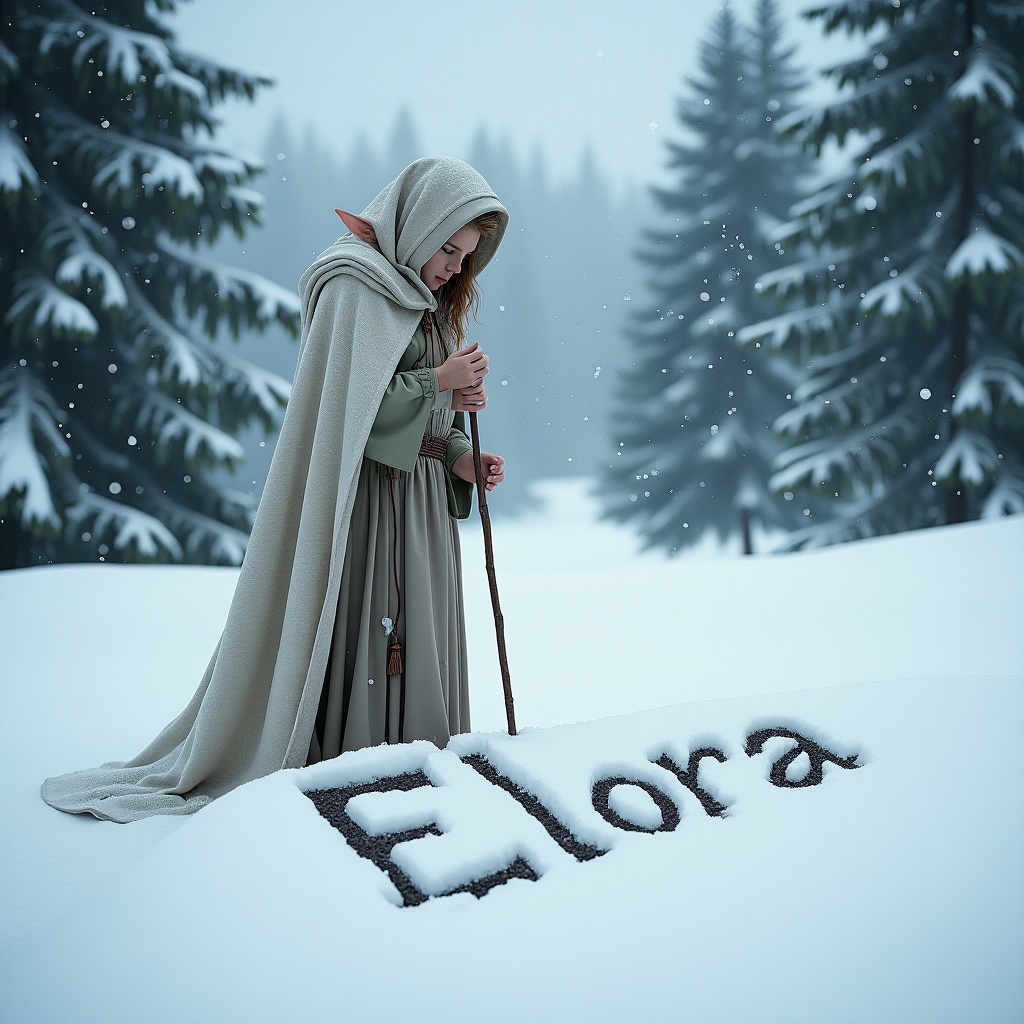 Elf writing the name Elora in the snow. Snowy landscape with evergreen trees in the background. Elf wears a cloak and holds a stick.