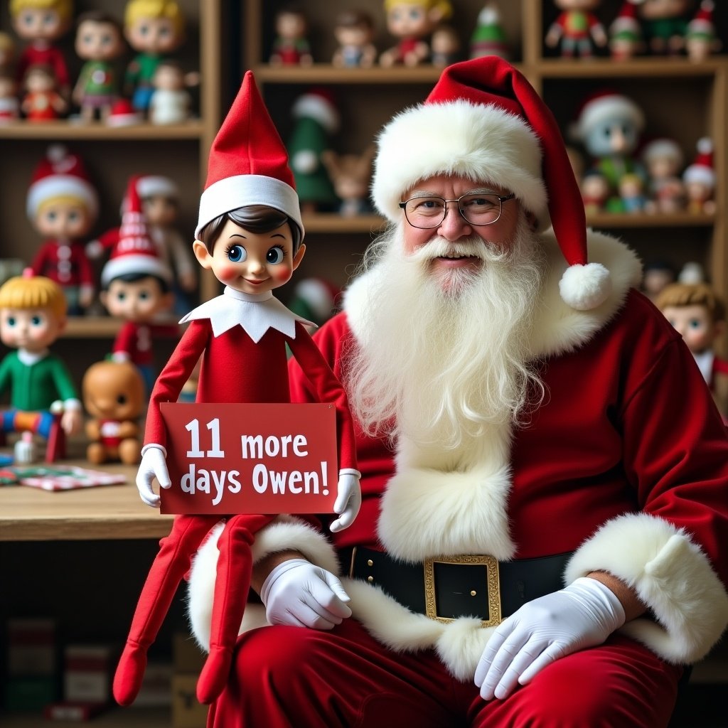 An Elf on the Shelf holds a sign saying '11 more days Owen!' next to Santa Claus in a cozy toy workshop. Toys and Funko Pops are created in the background. Santa wears a red suit and fluffy white beard. The Elf has a playful expression. The image shows Christmas spirit and toy joy.