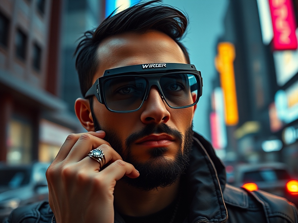 A stylish man in large sunglasses poses confidently in a bustling cityscape.