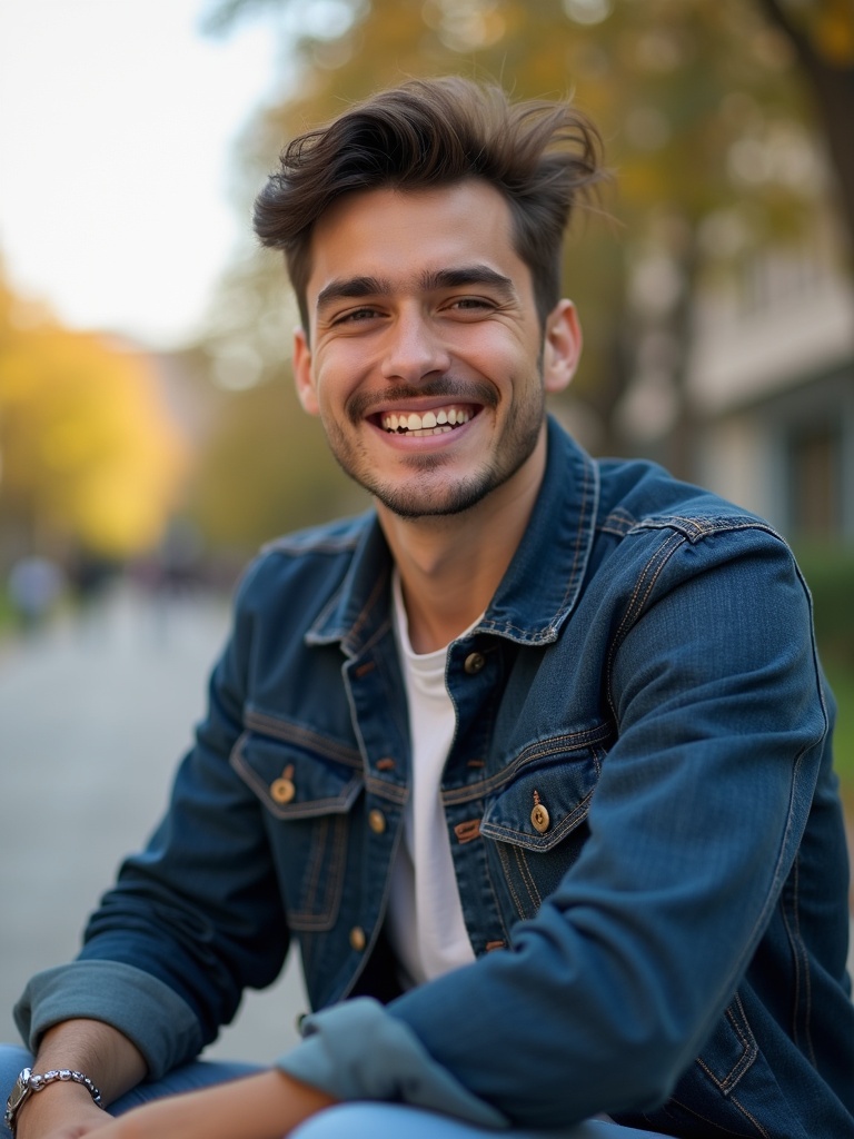 University student male dressed in streetwear sits outside on a campus path. Image is taken in early 2000s style. Student looks happy.