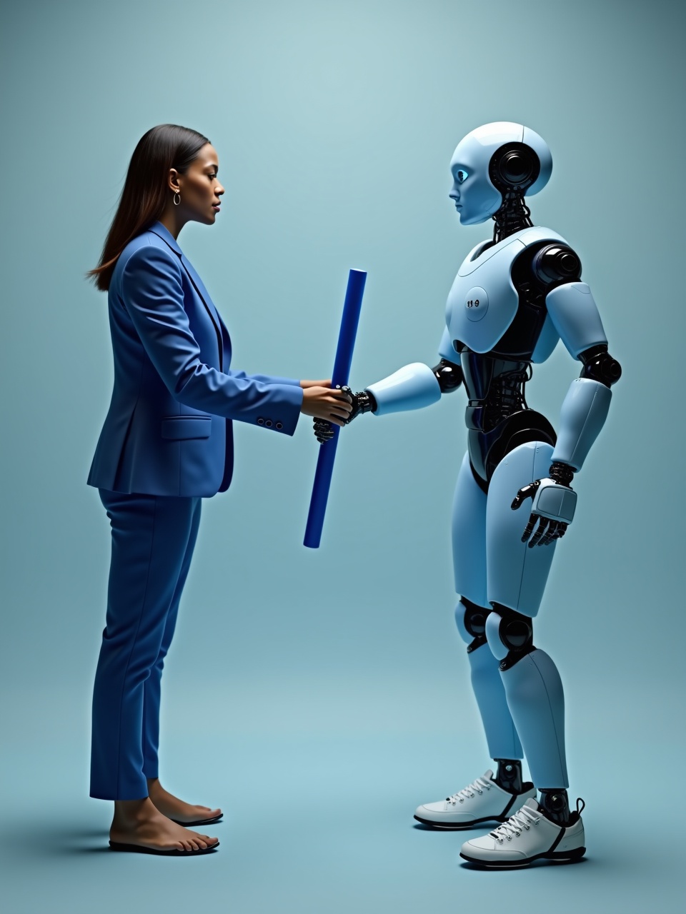 A woman in a blue suit holds a blue baton, standing face to face with a humanoid robot, creating a scene of interaction between human and AI in a modern setting.