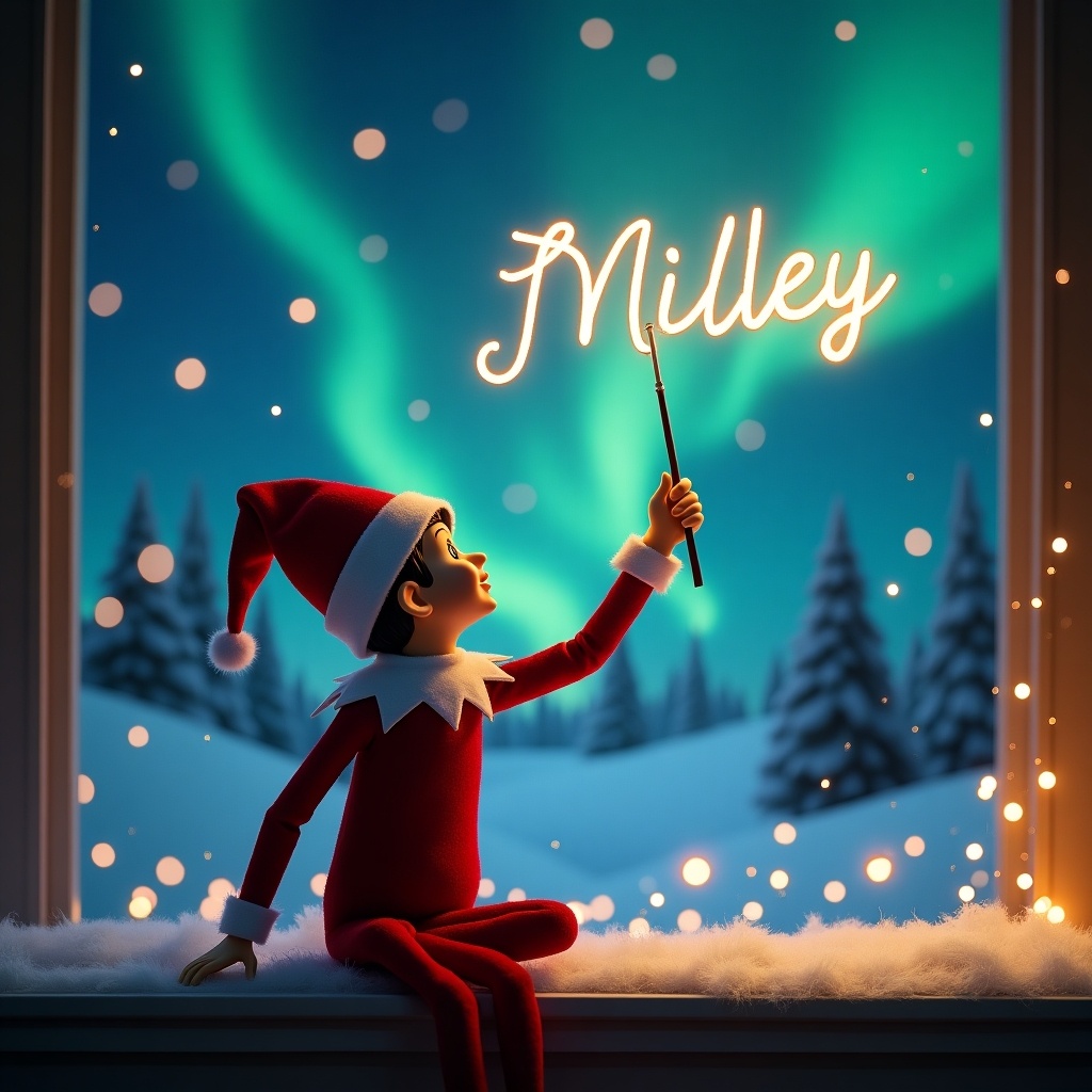 Elf on the shelf character using a wand to write name in the sky. Magical Christmas scene with northern lights and snow-covered trees. Cozy indoor setting. Warm and festive atmosphere.