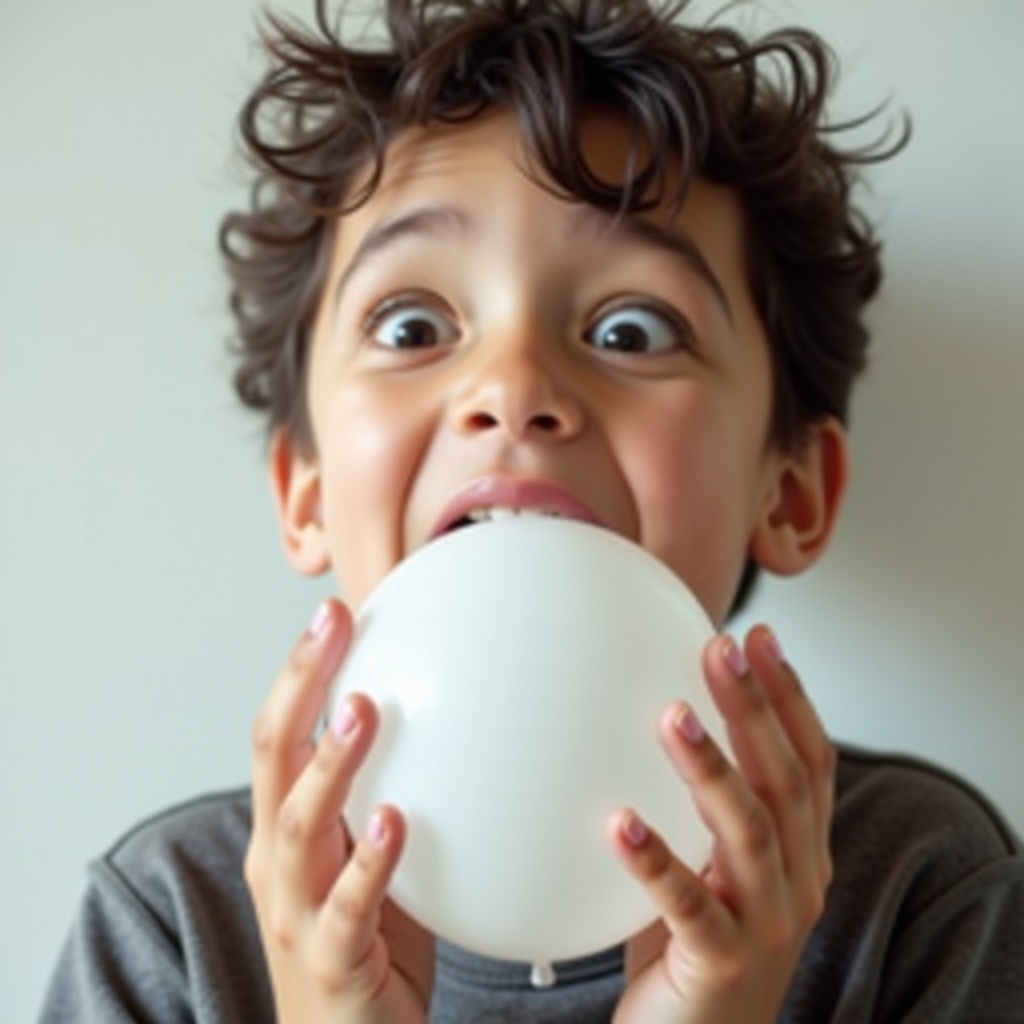 Child bites a white balloon. Expression is playful and mischievous. The child appears excited. The image captures fun and joy.