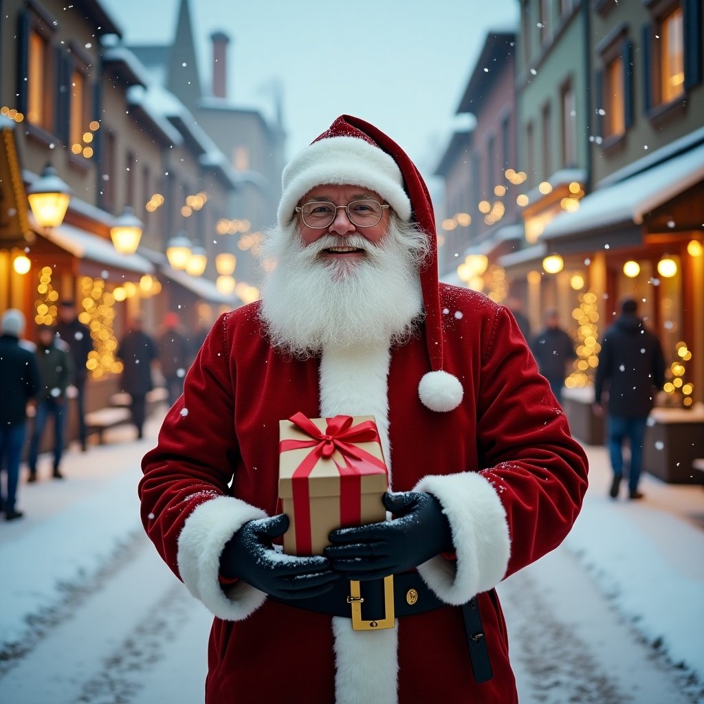 Santa Claus in red outfit holds a wrapped gift on a snowy street. Background features charming buildings decorated with lights. The atmosphere showcases a joyful holiday spirit with warmth and cheer.