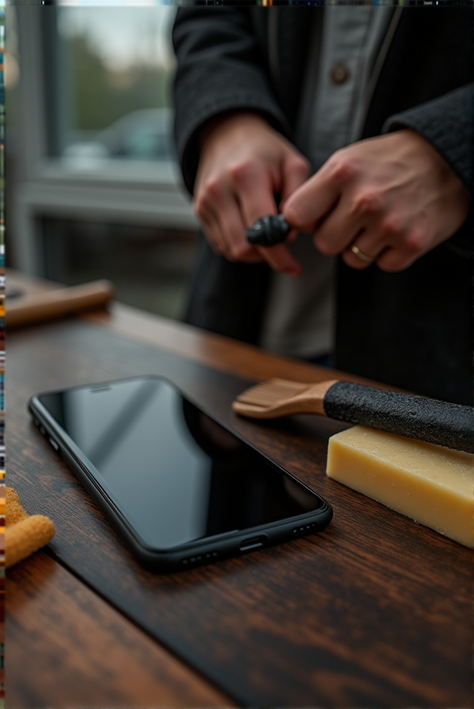 A person holds a tool over a wooden table with a smartphone, wax block, and brush.