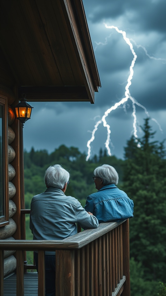 Two people watch a dramatic lightning strike from a wooden cabin porch.