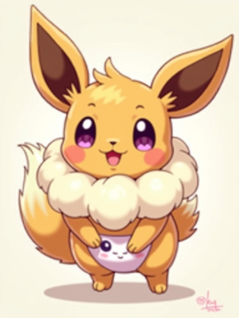 Fluffy female Eevee character with chubby features. Cute and energetic expression. Purple eyes. Playful aura. Wearing a diaper with a cute playful design.