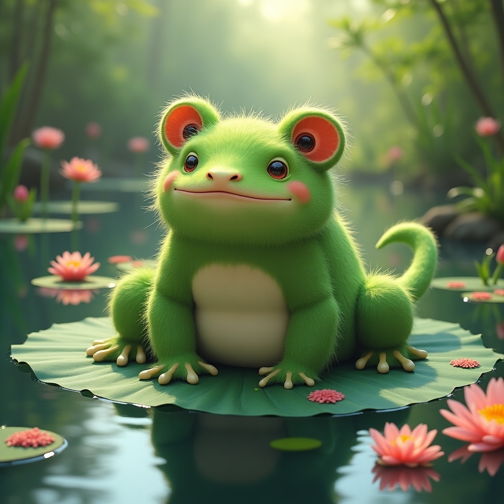 This image features a furry green frog sitting contently on a leaf in a serene pond. The frog possesses a unique axolotl tail and gills, giving it an aquatic charm. Furthermore, it showcases adorable bear ears, adding to its whimsical character. Surrounded by pink lotus flowers, the setting is bright and magical. Soft sunlight creates a warm atmosphere, making it an inviting scene for viewers.