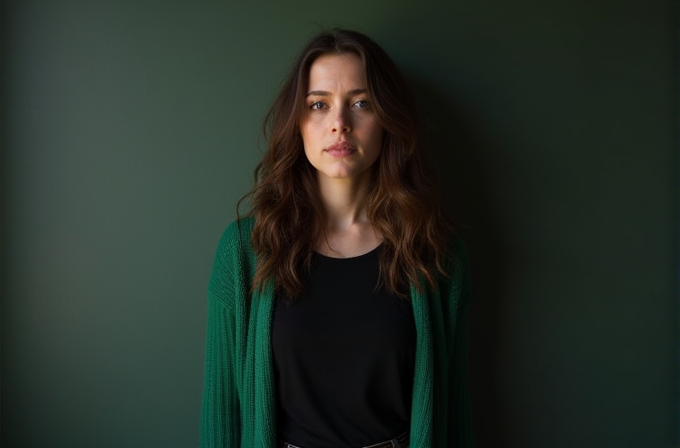 A person with long brown hair wearing a black shirt and green cardigan stands against a dark green background, looking forward.