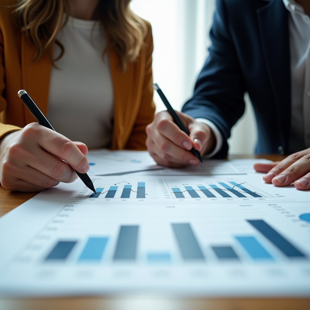 Two people are reviewing financial charts on a table, using pens to discuss the data.