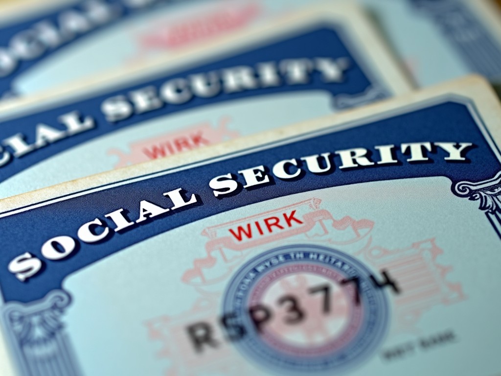 This image features a close-up view of multiple Social Security cards, emphasizing the unique design and lettering of the cards. The cards prominently display the title 'SOCIAL SECURITY' in bold lettering. In addition to the title, the image includes sample names and numbers, showcasing the typical information found on these cards. The details are sharp and clear, allowing a viewer to appreciate the design. The background is subtly blurred, drawing attention to the cards themselves, which are arranged in an aesthetically pleasing manner.